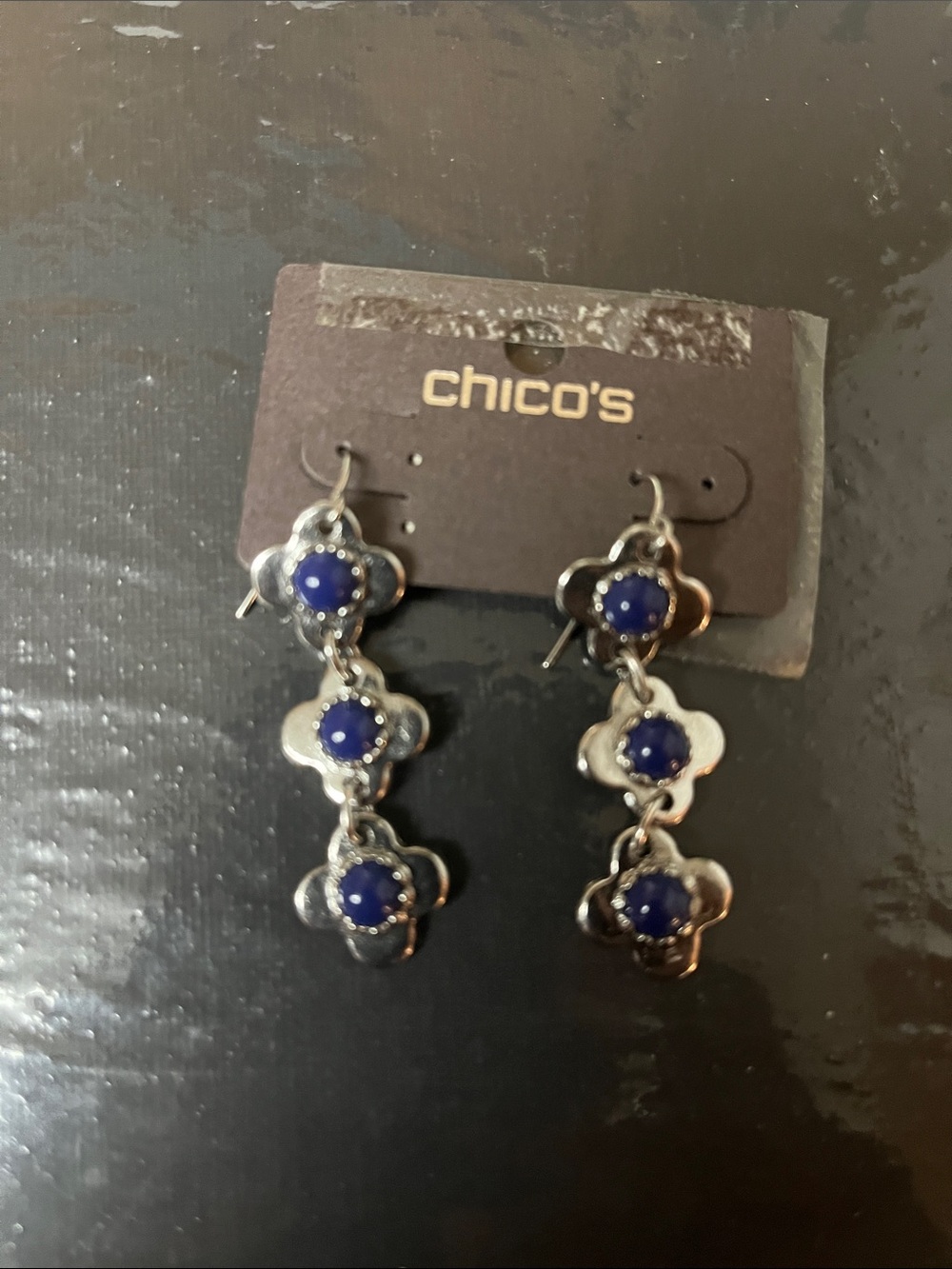 Chico's Silver Floral Triple-Drop Earrings with Blue Cabochons